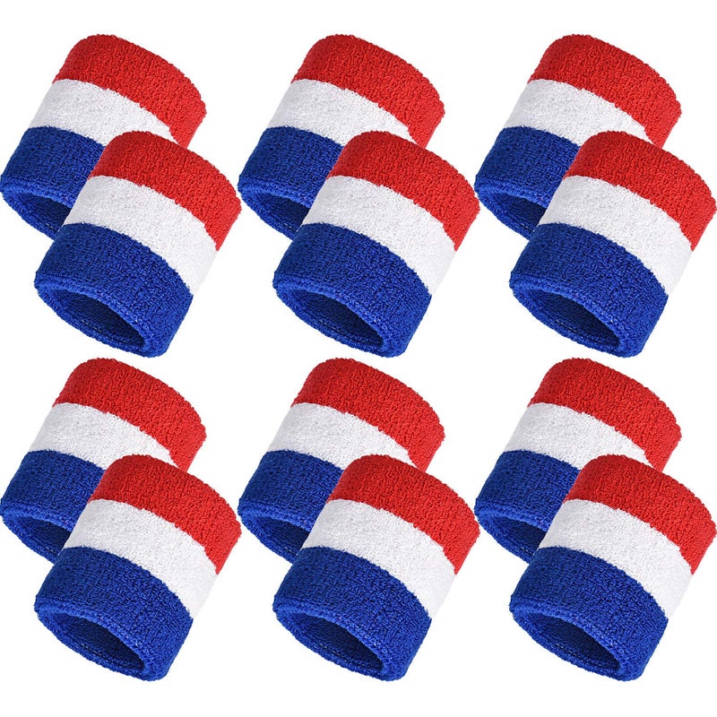 Bememo 12 Pcs Neon Sweatbands Wristband Sweat Wrist Band Competitions Absorbent Sweatbands for Men Women, for Sports, Running(3.15,Red, White, Blue) - Image 1